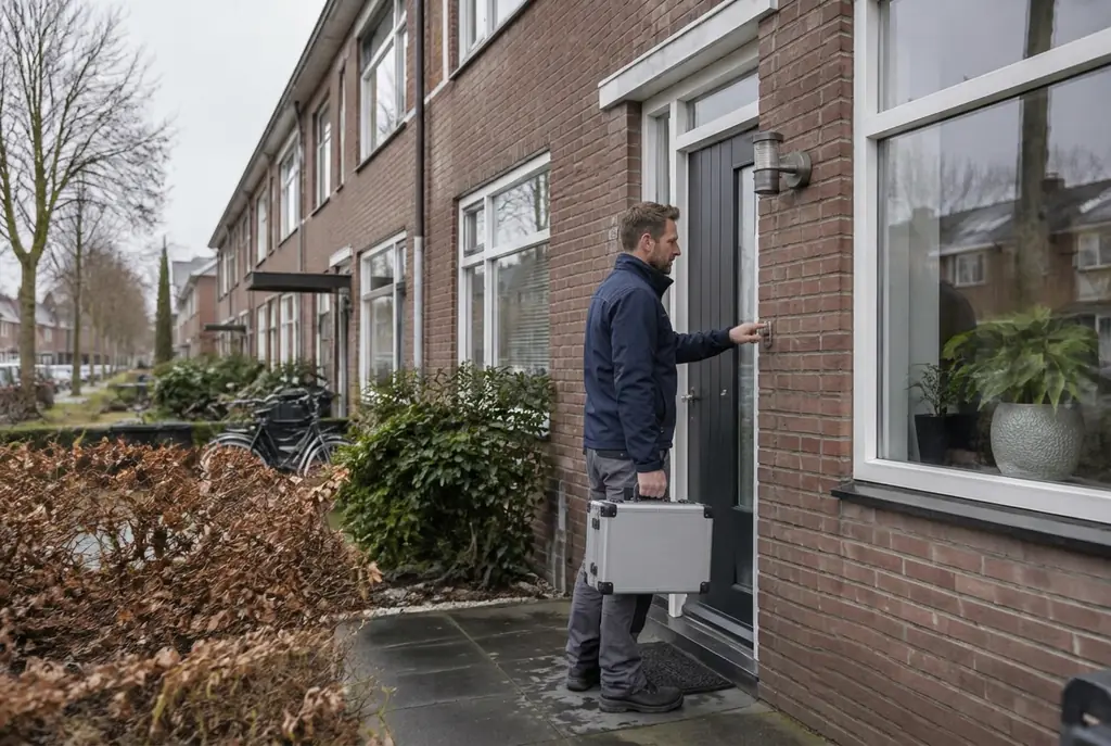Lekdetectiespecialist met meetkoffer bij de voordeur van een woning in Soesterberg
